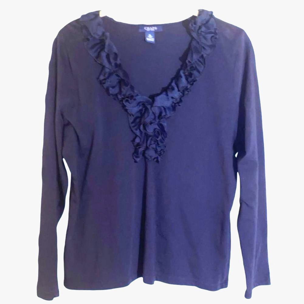 Chaps Navy Blue V-Neck Women's Tee with Ruffles, XL Size - Picture 5 of 12